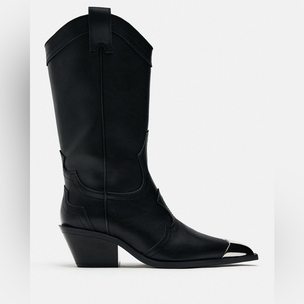 Zara Black Heeled Boots with Silver Tips